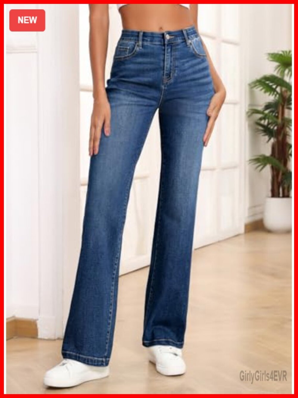 High Waisted Wide Straight Leg Jeans with Pockets, Tummy Control, Stretch - Picture 3 of 6